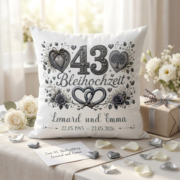 Personalisiertes Kissen zur Bleihochzeit mit Herzen, Rosen und Lebensbaum