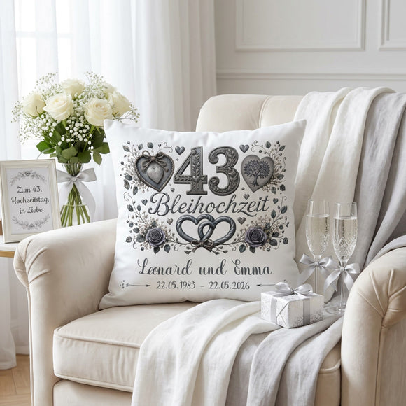 Geschenk 43. Hochzeitstag – personalisiertes Kissen zur Bleihochzeit mit Namen und Datum