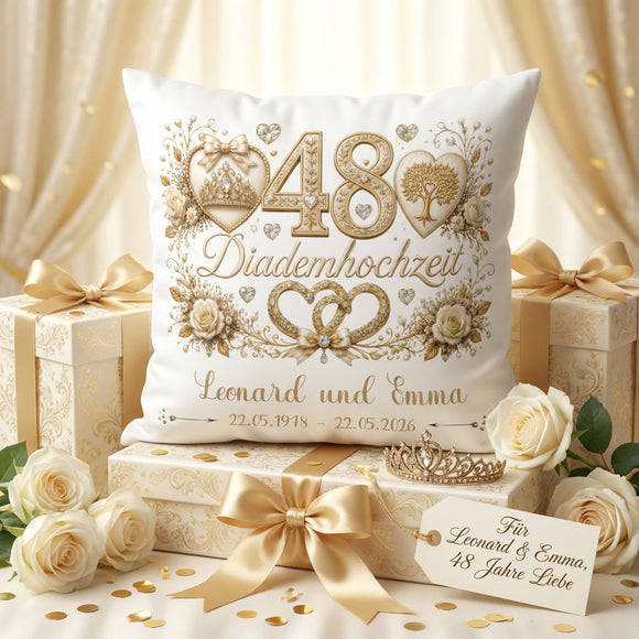 Geschenk Diademhochzeit – personalisiertes Kissen mit Namen und Datum zum 48. Hochzeitstag