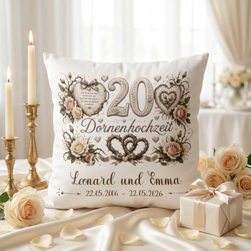 Geschenk Dornenhochzeit – personalisiertes Kissen mit Namen und Datum zum 20. Hochzeitstag