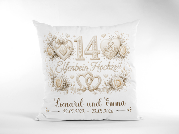 Geschenk Elfenbeinhochzeit – personalisiertes Kissen mit Namen und Datum