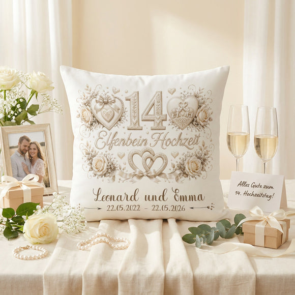 Geschenk zum 14. Hochzeitstag mit elegantem Elfenbein-Design und Namen des Ehepaares