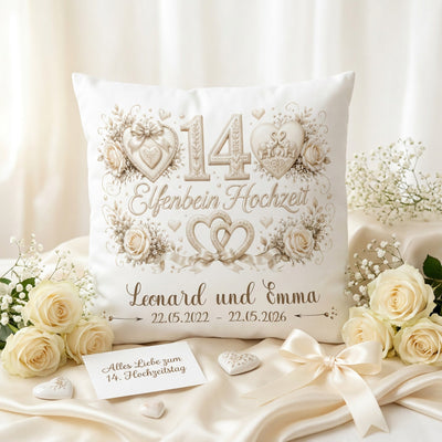 Geschenk Elfenbeinhochzeit – personalisiertes Kissen mit Namen und Datum zum 14. Hochzeitstag