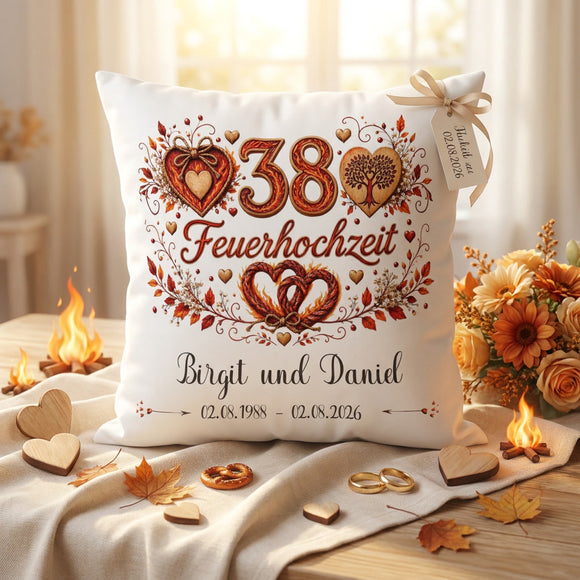 Hochwertiges Kissen zur Feuerhochzeit mit Namen, Datum und herbstlichem Design