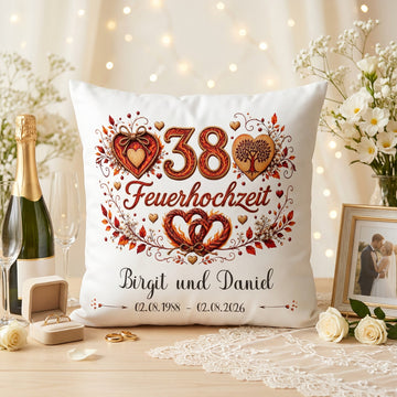Geschenk Feuerhochzeit – personalisiertes Kissen mit Namen und Datum zum 38. Hochzeitstag