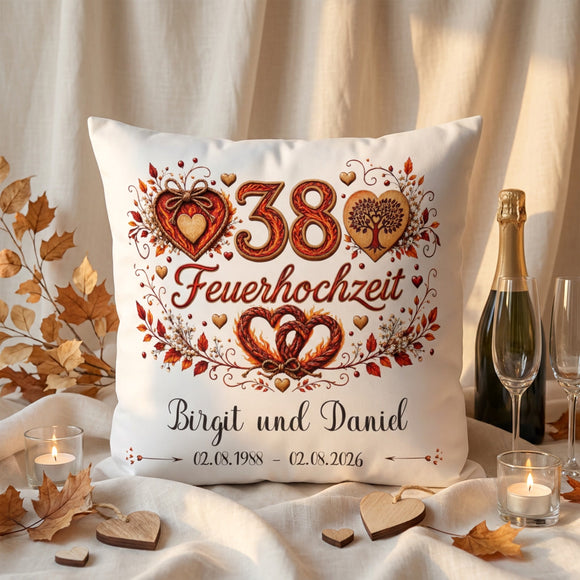Geschenk 38. Hochzeitstag – personalisiertes Kissen zur Feuerhochzeit mit Namen und Datum
