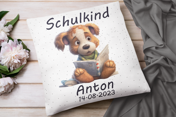 Einschulungs Geschenk | Kissen mit Namen Mädchen Jungen| Geschenke 1. Klasse |originelle Schulkind Geschenke Personalisiert Junge hund
