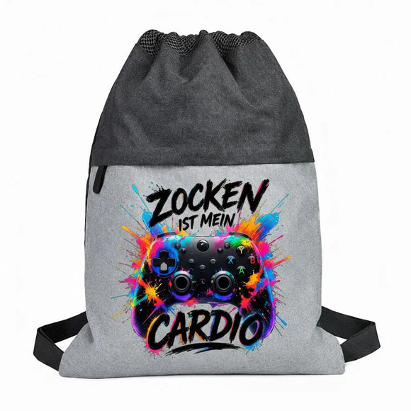 Lustiger Gamer Gymbag mit farbigem Gaming-Controller und modernem Graffiti-Look.