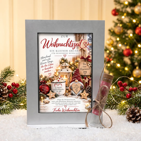 Weihnachtsgeschenk Herzenswunsch mit Wichtelmotiv und Geldröhrchen mit Korken