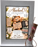 Abschiedsgeschenk Kollege mit Koffer, Teddy und Geldröhrchen für einen Geldschein