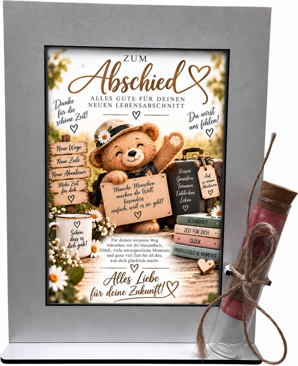 Abschiedsgeschenk Kollege mit Koffer, Teddy und Geldröhrchen für einen Geldschein