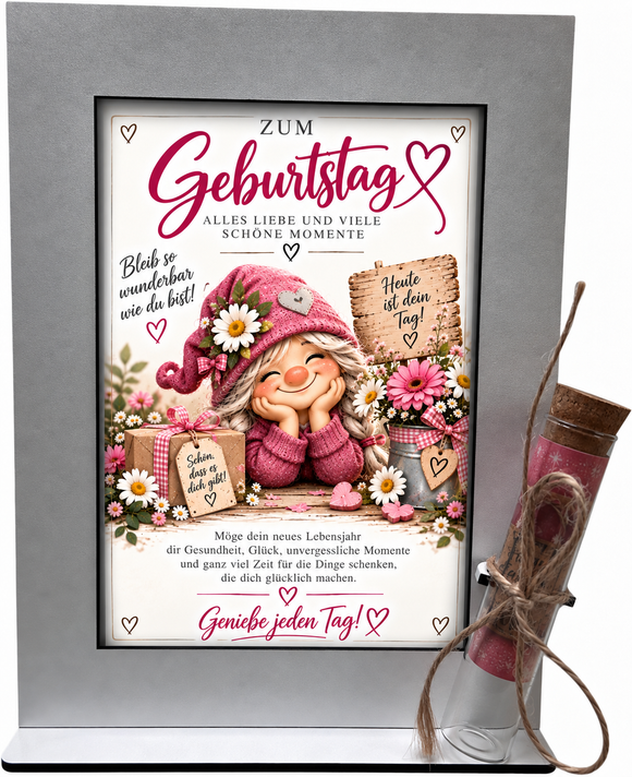 Geburtstagsgeschenk für Frauen mit pinkem Motiv, Blumen und Glasröhrchen für Geld