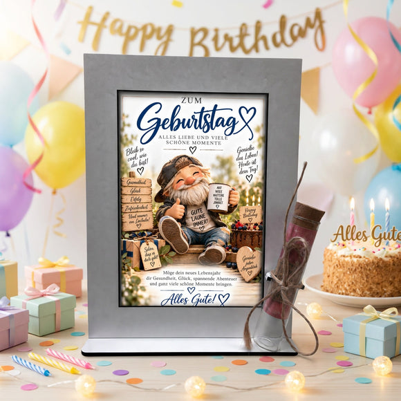 Geschenk für Ehemann zum Geburtstag mit Zwerg, Torte und austauschbarer Motivkarte