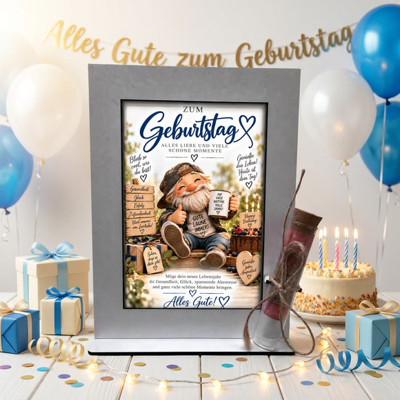 Geldgeschenk Geburtstag Mann mit Zwerg, Geschenk, Torte und Spruch Gute Laune immer
