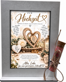 Hochzeitsgeschenk für Brautpaar mit Herzen, weißen Rosen und Glasröhrchen für Geld