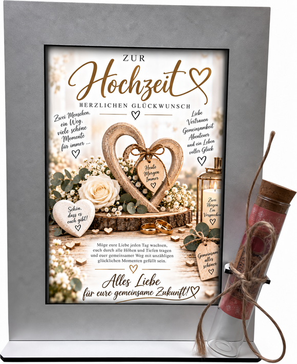 Hochzeitsgeschenk für Brautpaar mit Herzen, weißen Rosen und Glasröhrchen für Geld