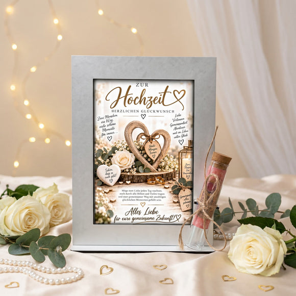 Geldgeschenk zur Hochzeit mit Eheringen, Holzherzen und romantischem Blumenmotiv