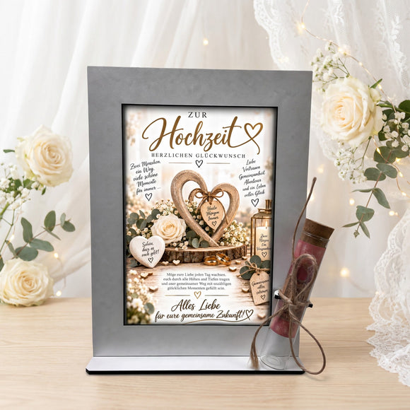 Geschenk zur Hochzeit für Brautpaar mit Spruch Alles Liebe für eure gemeinsame Zukunft