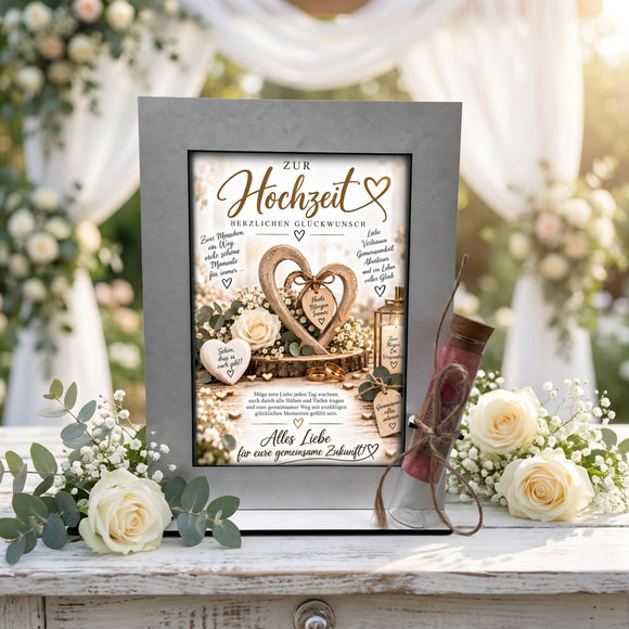 Geld zur Hochzeit schön verschenken mit Hochzeitsmotiv und Glasröhrchen mit Korken