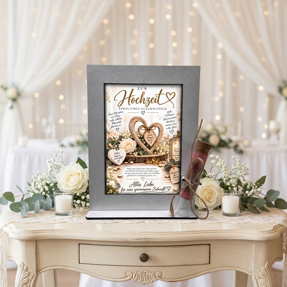 Geldgeschenk Hochzeit mit Herzen, Eukalyptus, weißen Rosen und Eheringen
