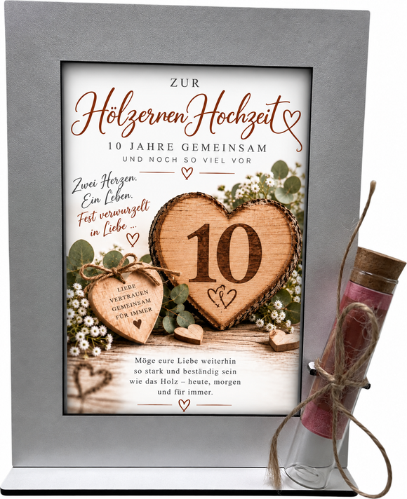Geldgeschenk zum 10. Hochzeitstag mit Hölzerne Hochzeit Motiv, Holzherzen, Blumen und großer Zahl 10