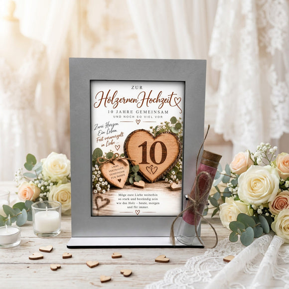 Geldgeschenk Ehejubiläum – selbststehender Aufsteller zur Hölzernen Hochzeit mit Geldröhrchen