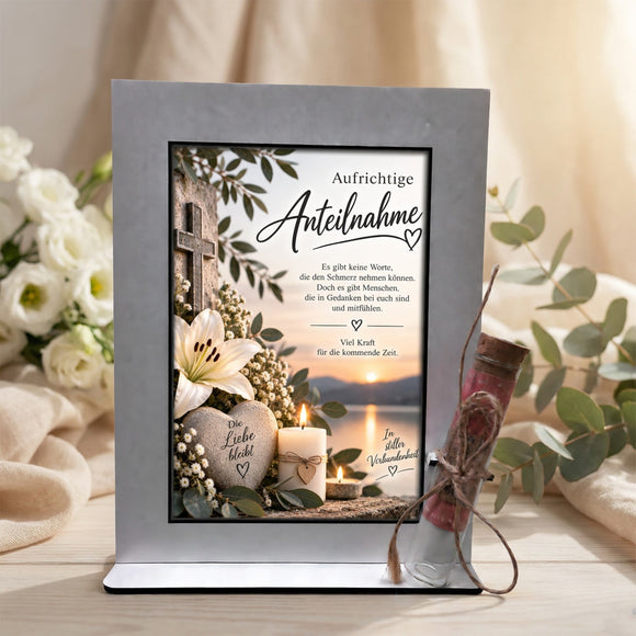Geschenk zur Anteilnahme mit weißer Lilie, Kreuz, Kerzen und Glasröhrchen