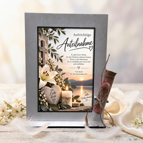 Trauergeschenk für Hinterbliebene mit Kreuz, Lilie und Spruch Die Liebe bleibt
