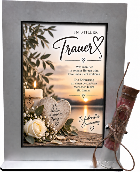 Geschenk zur Anteilnahme mit weißer Rose, Herz, Kerze und Eukalyptus