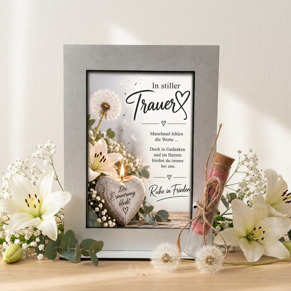 Geschenk bei Trauerfall mit Herz, Eukalyptus und Schriftzug In stiller Trauer