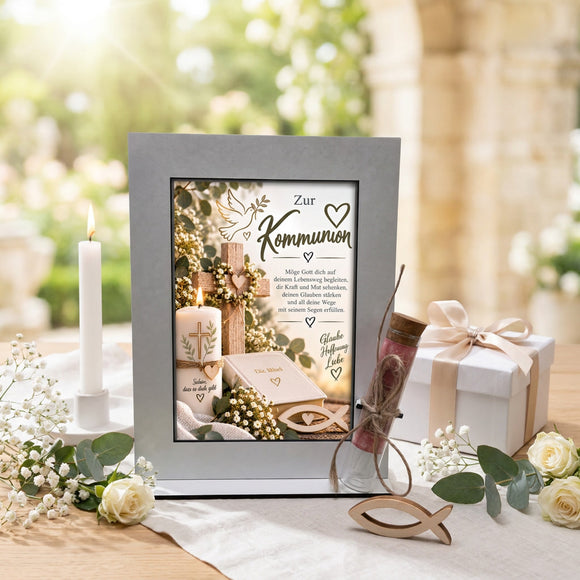 Christliches Geschenk zur Kommunion mit Bibel Taube Fisch und Kerze