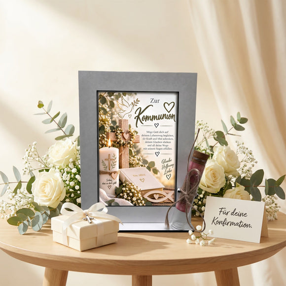 Geschenk für Kommunionkind mit Geldröhrchen Kreuz und christlichem Motiv