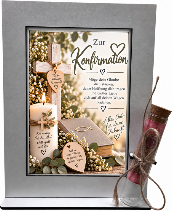Geschenk zur Konfirmation mit Bibel Kerze Fisch und christlichem Motiv