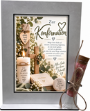 Geschenk zur Konfirmation mit Holzkreuz Bibel Fisch und Kerze