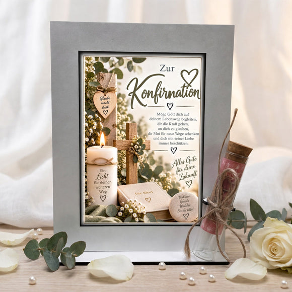 Geld zur Konfirmation originell verschenken mit Kreuz und Glasröhrchen