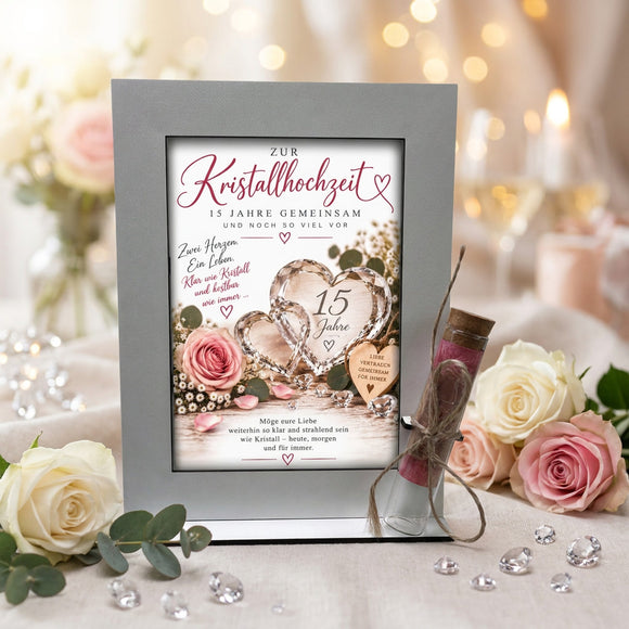 Geschenk Kristallhochzeit für 15 Jahre Ehe mit Aufsteller und Glasröhrchen für Geldscheine