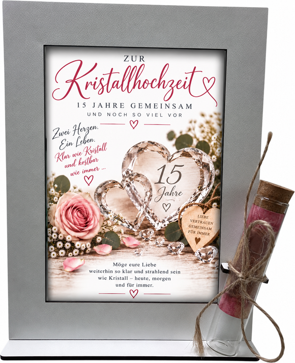 Geldgeschenk zum 15. Hochzeitstag mit Kristallherzen, rosa Rose, Blumen und großer Zahl 15