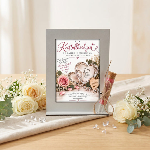 Kristallhochzeit Geschenk mit 15 Jahre Motiv und Glasröhrchen zum stilvollen Verschenken von Geld