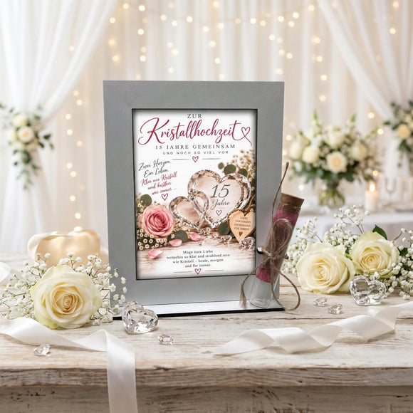 Geldgeschenk Kristallhochzeit mit 15 Jahre Ehe Motiv, funkelnden Herzen und austauschbarer Karte