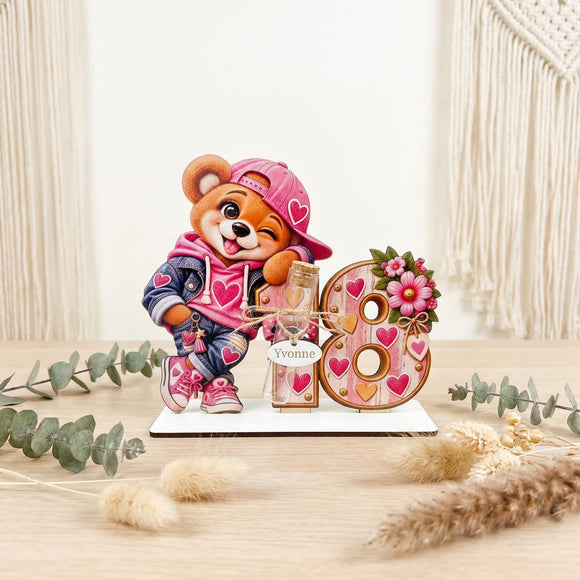 Geburtstagsgeschenk Frau zum 18. mit Bär Blumen Herzen und Wunschname