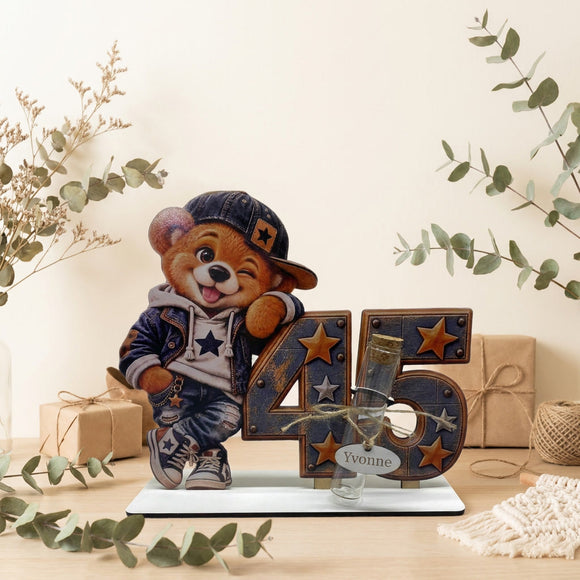 1. Geldgeschenk 45 Mann mit Glasröhrchen Teddy und blau braunem Design