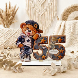 Geldgeschenk 55. Geburtstag Mann mit Teddy und personalisiertem Namen