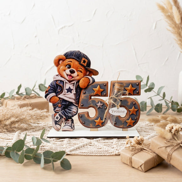 1. Geldgeschenk 55 Mann mit Glasröhrchen Teddy und blau braunem Design