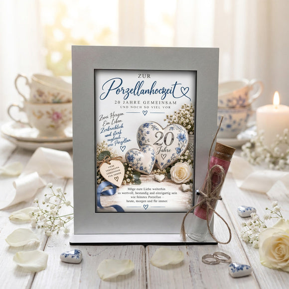 Geldgeschenk Ehejubiläum – selbststehender Aufsteller zur Porzellanhochzeit mit Geldröhrchen