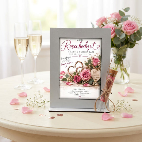 Geschenk Rosenhochzeit für 10 Jahre Ehe mit Aufsteller und Glasröhrchen für Geldscheine