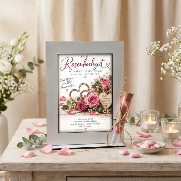 Geschenk zum 10. Hochzeitstag mit rosa Rosen, verschlungenen Herzen, Blüten und Eukalyptus