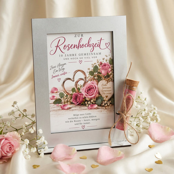 Rosenhochzeit Geschenk für 10 Jahre verheiratet – Aufsteller mit austauschbarer Motivkarte