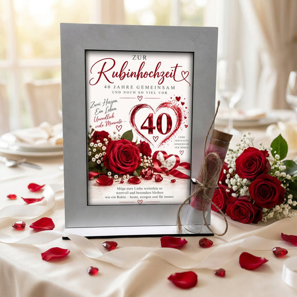 Geschenk Rubinhochzeit für 40 Jahre Ehe mit Aufsteller und Glasröhrchen für Geldscheine