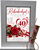 Geldgeschenk zum 40. Hochzeitstag mit roten Rosen, Rubinherzen und großer Zahl 40