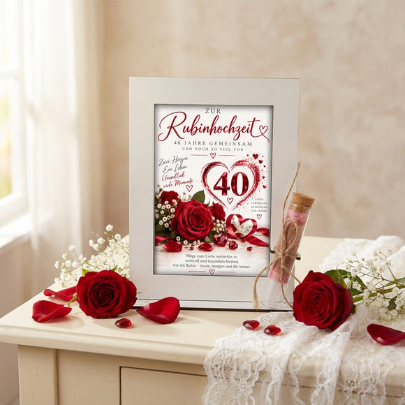 Geldgeschenk Rubinhochzeit für 40 Jahre Ehe mit Rosen, Rubinherzen und austauschbarer Karte